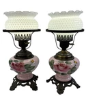 Set of 2 Gone With The Wind Style Hand Painted 14.5" Lamps with Hobnail Shades