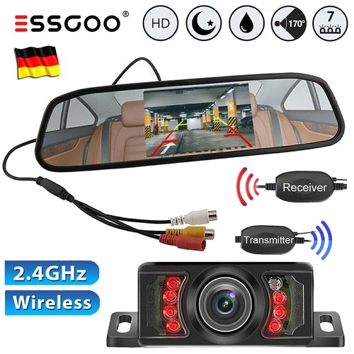 ESSGOO 4,3'' Rückspiegel Monitor Mit Nummernschild Rückfahrkamera Kabellos Funk
