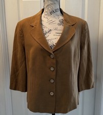 Vintage Minuet Blazer Camel Tan 3/4 Sleeve Linen Silk Blend Us Size 14 Euro 18
