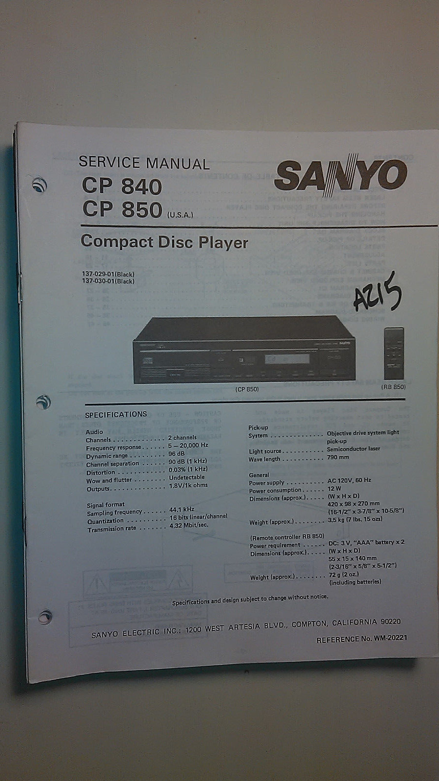 Sanyo cp 840 850 service manual original repair book stereo cd player