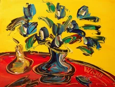 BLUE TULIPS Original Oil PAINTING  WALL DECOR Abstract Modern  YE4TJTY