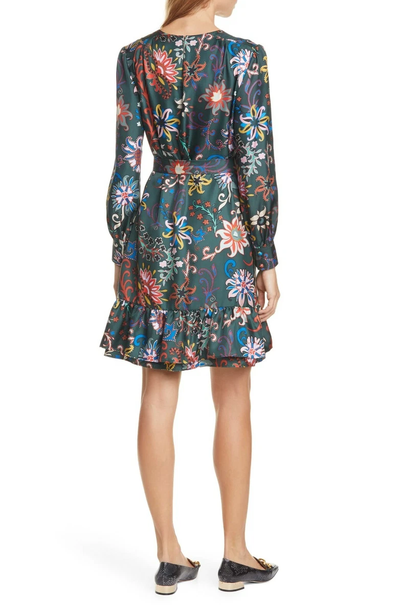 💚🌺 TORY BURCH Green Floral Print Silk Layered Ruffle Hem Dress 8  