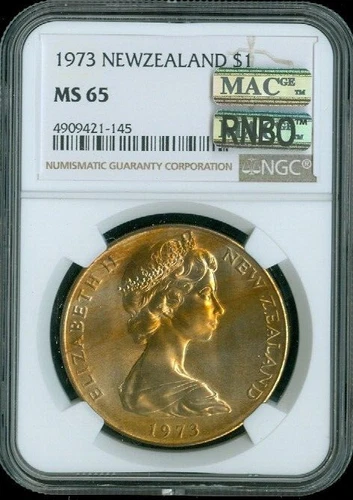 1973 New Zealand Dollar NGC MS65 MAC Quality Exact Coin