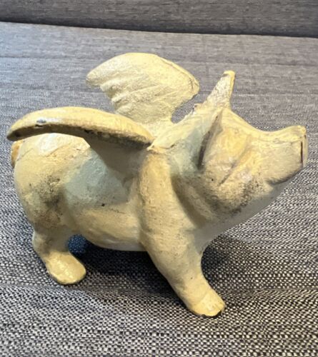 Small Pig Cast Iron Flying Pig Bank Statue Figurine Art When Pigs Fly - Picture 3 of 16