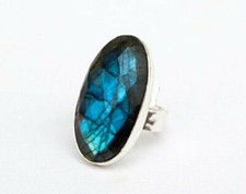 Faceted Fire Labradorite Large Oval Gemstone 925 Sterling Silver Statement Ring