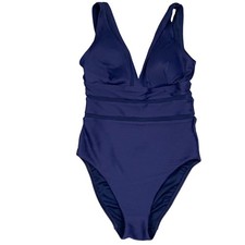Lands' End 1 Pc Swimsuit Womens 8L Navy Blue Nautical Ribbed Mesh Plunge Elegant