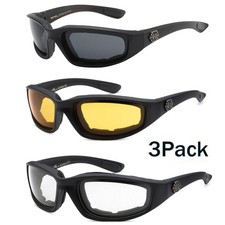 3 Pairs Motorcycle Sports Biker Riding Glasses Padded Wind Resistant Sunglasses