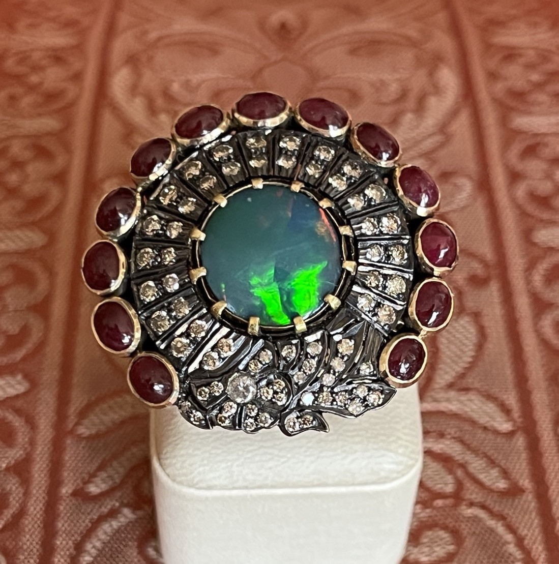 Opal Ruby Diamond Huge Shield Ring 14K Solid Gold… - image 1