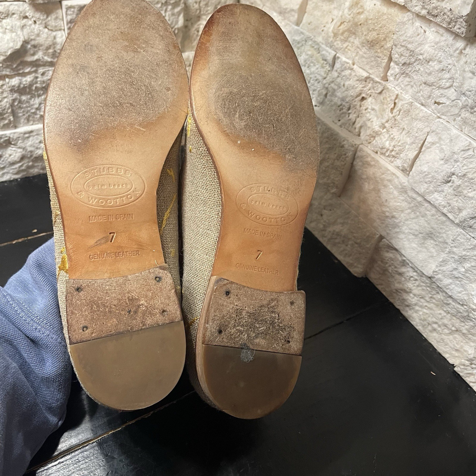 Stubbs & Wootton “POLLOCK" Slippers Tan Yellow Loafers Shoes Splatter Embroidery