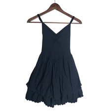 Aerie Black Ribbed Tiered Mini Dress Eyelet Lace Trim V-Neck Small S/P