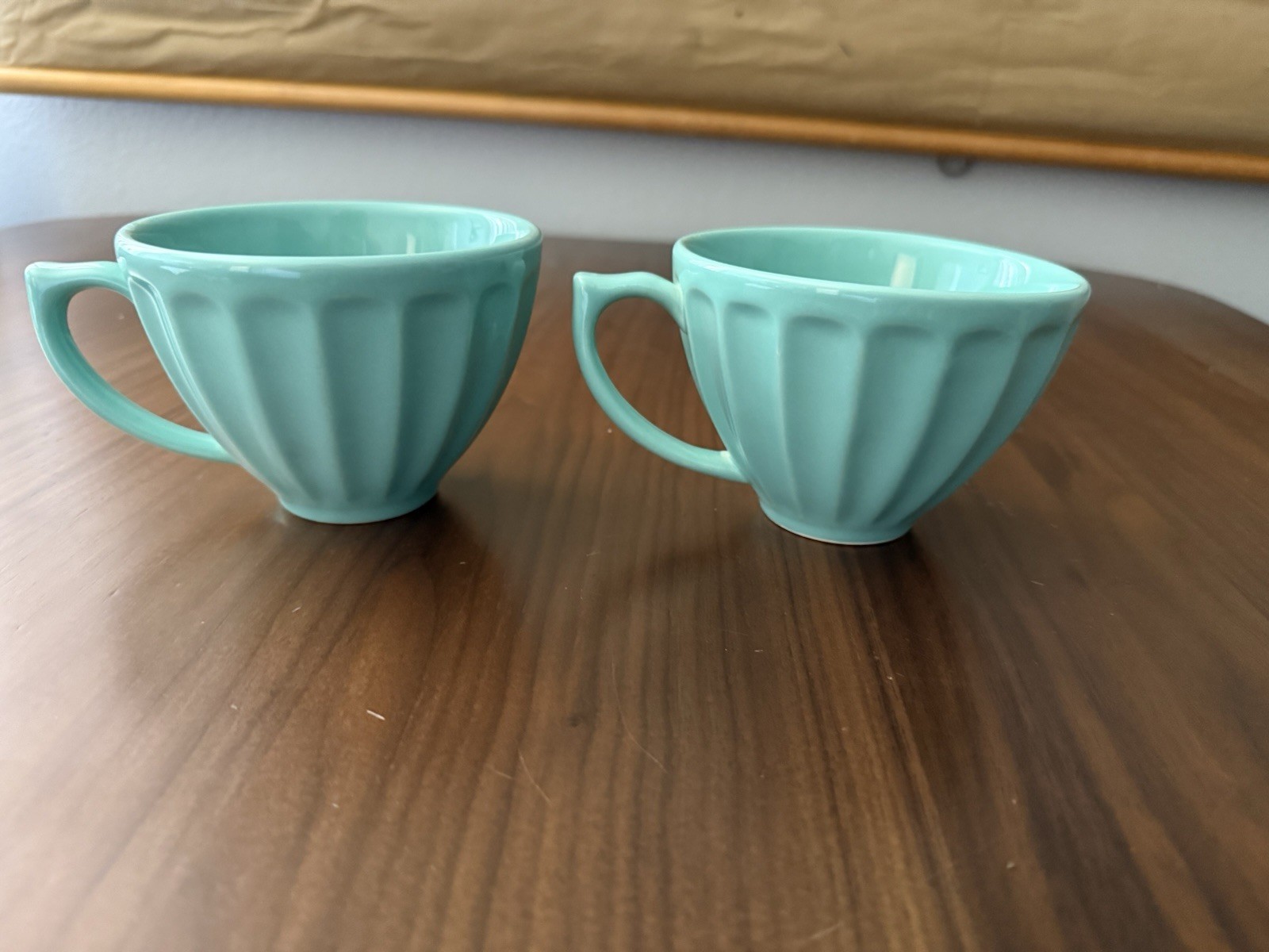 Set Of 2 Anthropologie Biscuit Latte Cups Mugs Teal / Seafoam Green Portugal