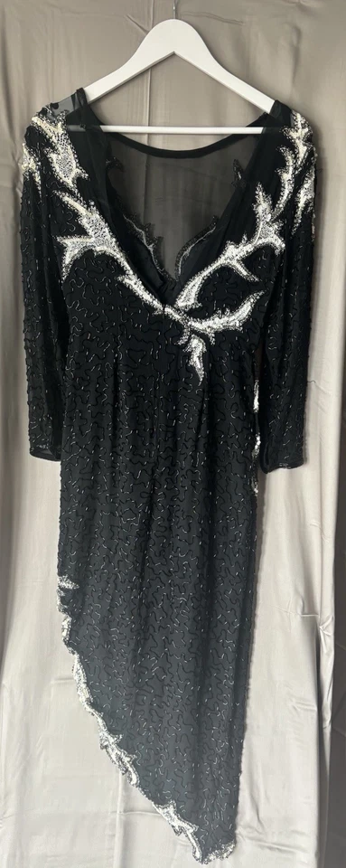 Vintage AJ Bari Dress Black Silver Beads Sequins Asymmetric Dress sz 6 Petite - Image 4 of 4