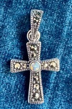 Opal Marcasite Cross Pendant 925 Sterling Silver Crystal Protection Crucifix