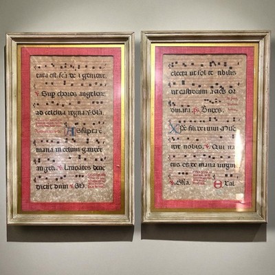 Pair Framed Illuminated Gregorian Chant Music Manuscript Pages Medieval Style