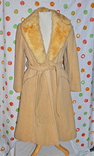 Vintage FUR COLLAR Chic tan MID CALF WOOL DRESS COAT WOMENS 8 CHIC STYLE