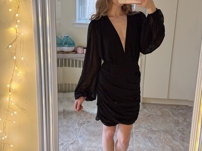 Black Ruched Mini Dress with Deep V / Sheer Sleeves by MISSPAP Size US 2