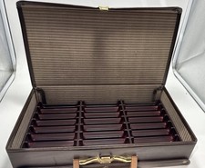 VINTAGE Tape Case Holder Holds 24 Cassettes EUC Brown Faux Leather Briefcase