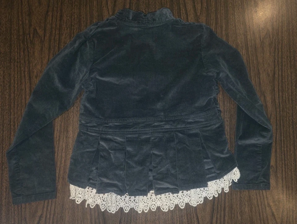 MUSTARD PIE Ruffle Jacket Crochet Lace Accent Gray Coat Girls Size 10 EUC - Image 4 of 4