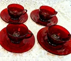 4 Sets Vintage Anchor Hocking Royal Ruby Red Cranberry Glass Cup & Saucer Set
