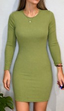Forever 21 Green Ribbed Knit Crew Neck Long Sleeve Bodycon Short Dress S