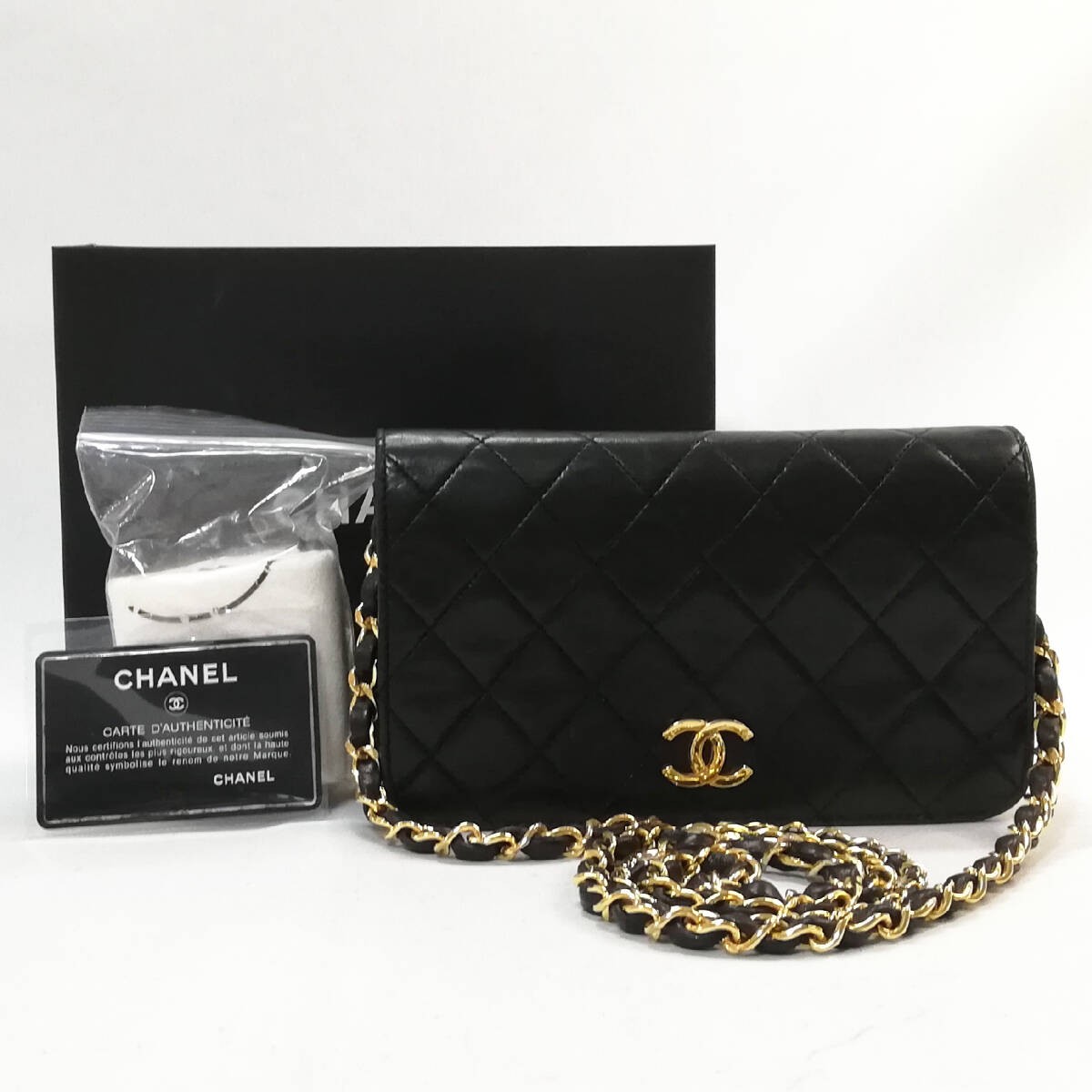 CHANEL Lambskin Mini Flap Black Gold Matelass Shoulder Bag Excellent Condition