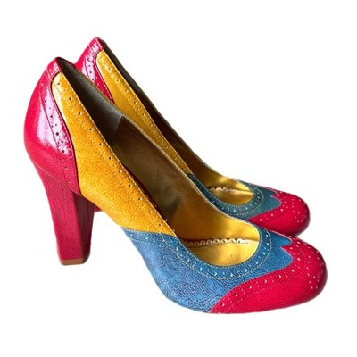 Hale Bob Red Blue Yellow Colorblock Spectator Brogue Patent Leather Pumps Heels