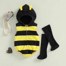 Visgogo 0-24 Months Baby Bee Costume Halloween Party Sleeveless Stripes Hooded