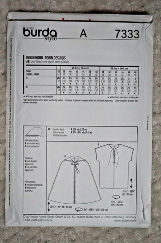 BURDA 7333 "Robin Hood" Costume Pattern MENS 38-48 Uncut - Picture 2 of 2