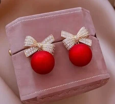 Red Ball Gold Crystal Gem Bow Stud Pierced Earrings Elegant Holiday Wedding