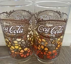 2 Vintage Coca Cola 70's Orange, Yellow, Brown, Flowered 16 oz Glass