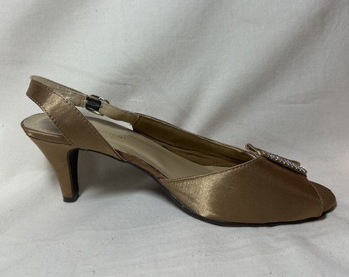 Annie Shoes Womens Gold Satin Peeptoe Slingback Pumps Sz 9W Pre-owned - Picture 3 of 15
