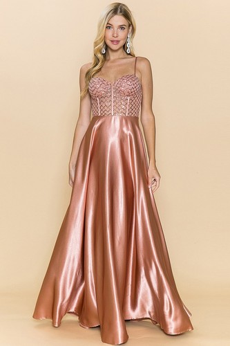 Vestido Largo Formal SIN TIRANTES TOP DE LENTEJUELAS Y FALDA SATINADA Color Mocha S M L 212 - Imagen 4 de 7