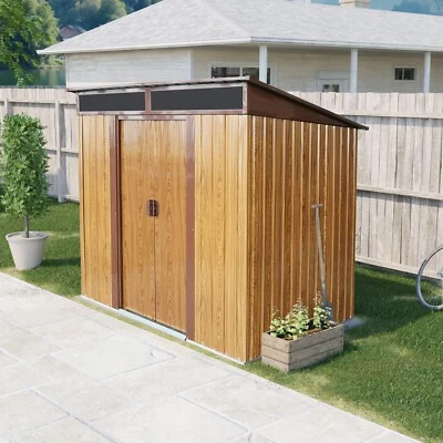 WWC.HOA 6x5 FT Outdoor Metal Storage Shed with Foundation & Sliding Doors Garden Brown