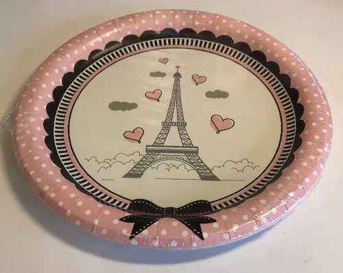 Paris Birthday Party Cocktail Dessert Plates Eiffel Tower Pink Poodle Dots 8/pk - Picture 5 of 12