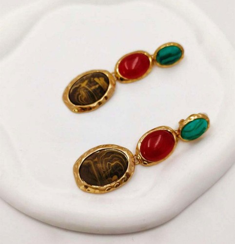 Clip on 3 1/4" large gold green, orange and brown stone dangle earrings - Picture 3 of 5