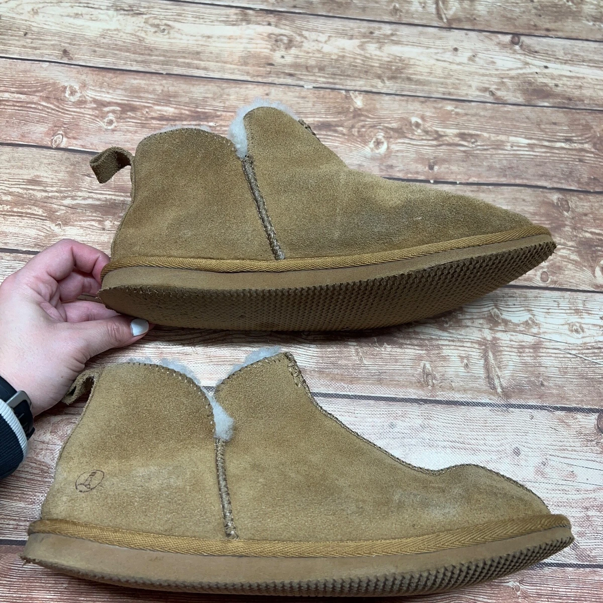 Lands End Men s Suede Leather Fuzzy Shearling Bootie Slippers Boot