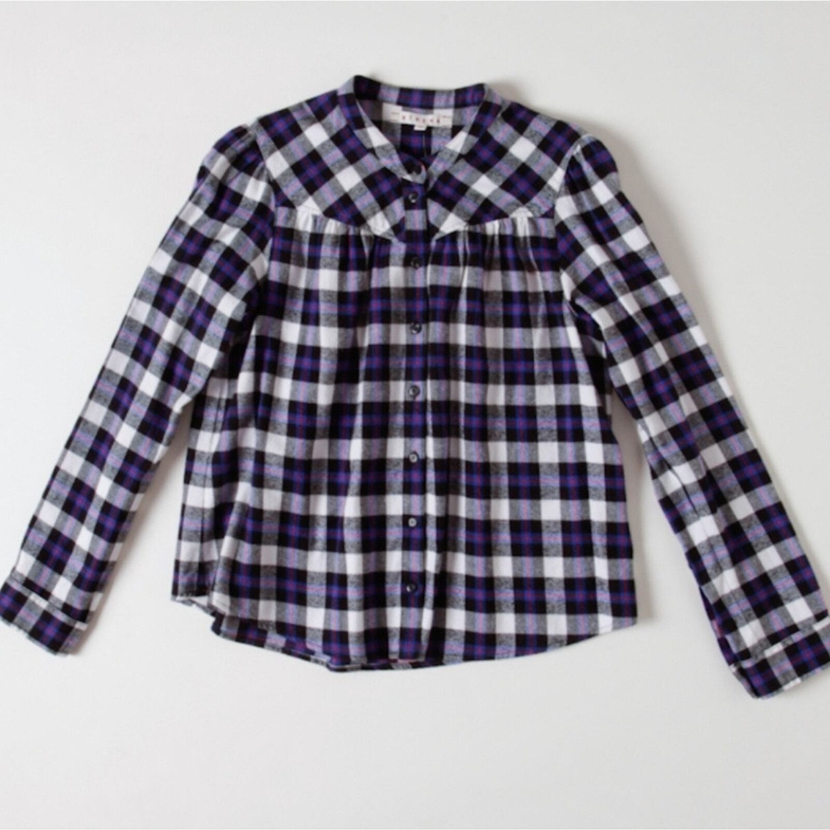 Xirena Plaid Button Mock Neck Long Sleeve Top Checkered Cotton 