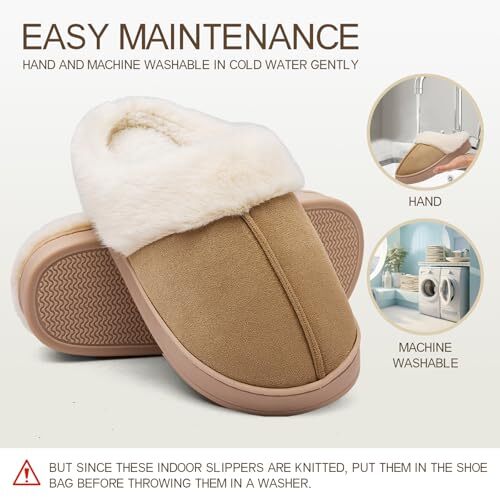 Women's Fuzzy Memory Foam Slippers Comfy Winter Soft Slip On House 11-12 Khaki - Picture 5 of 7