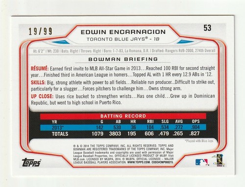 Edwin Encarnacion 2014 Bowman Yellow #53 19/99 Blue Jays - Picture 2 of 2