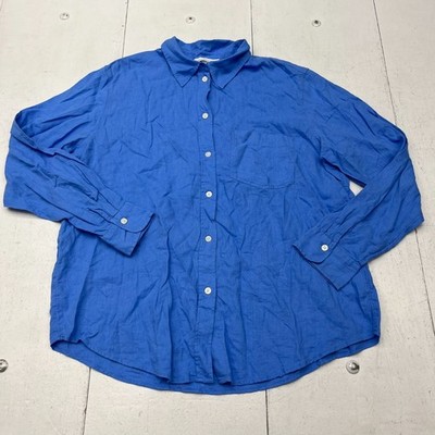H&M Blue Linen Blend Long Sleeve Button-Up Blouse Women's Size Medium