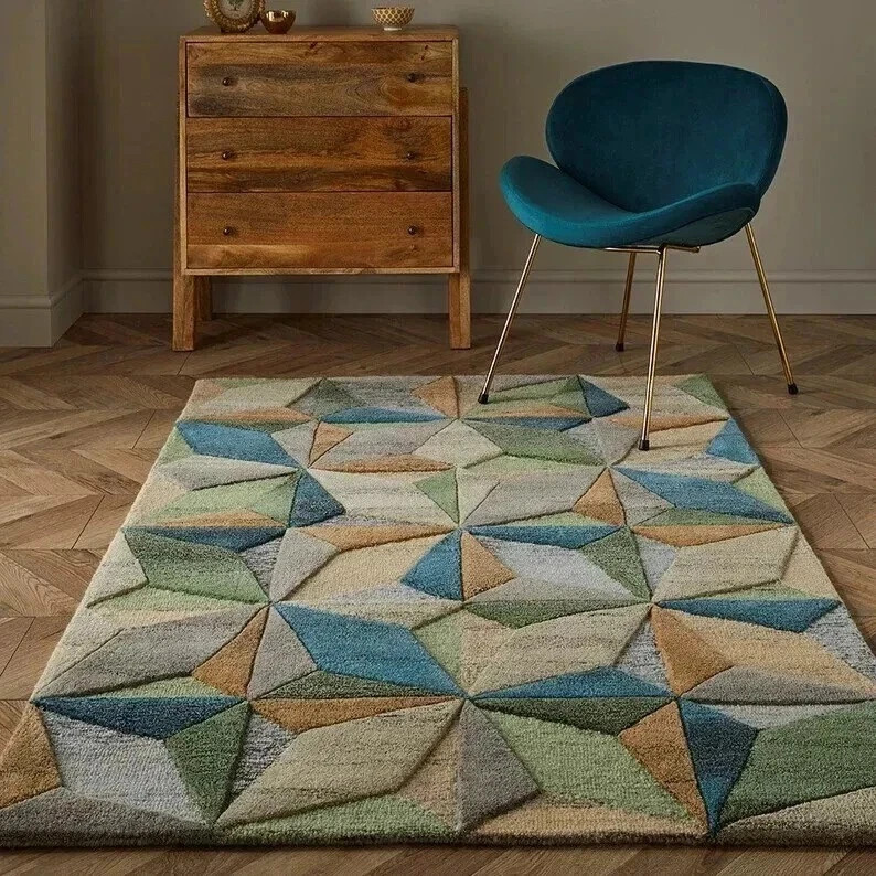 Hand-Tufted Multicolor Wool Rug 9x12 ft – Embossed 3D Geometric Modern Area Rug