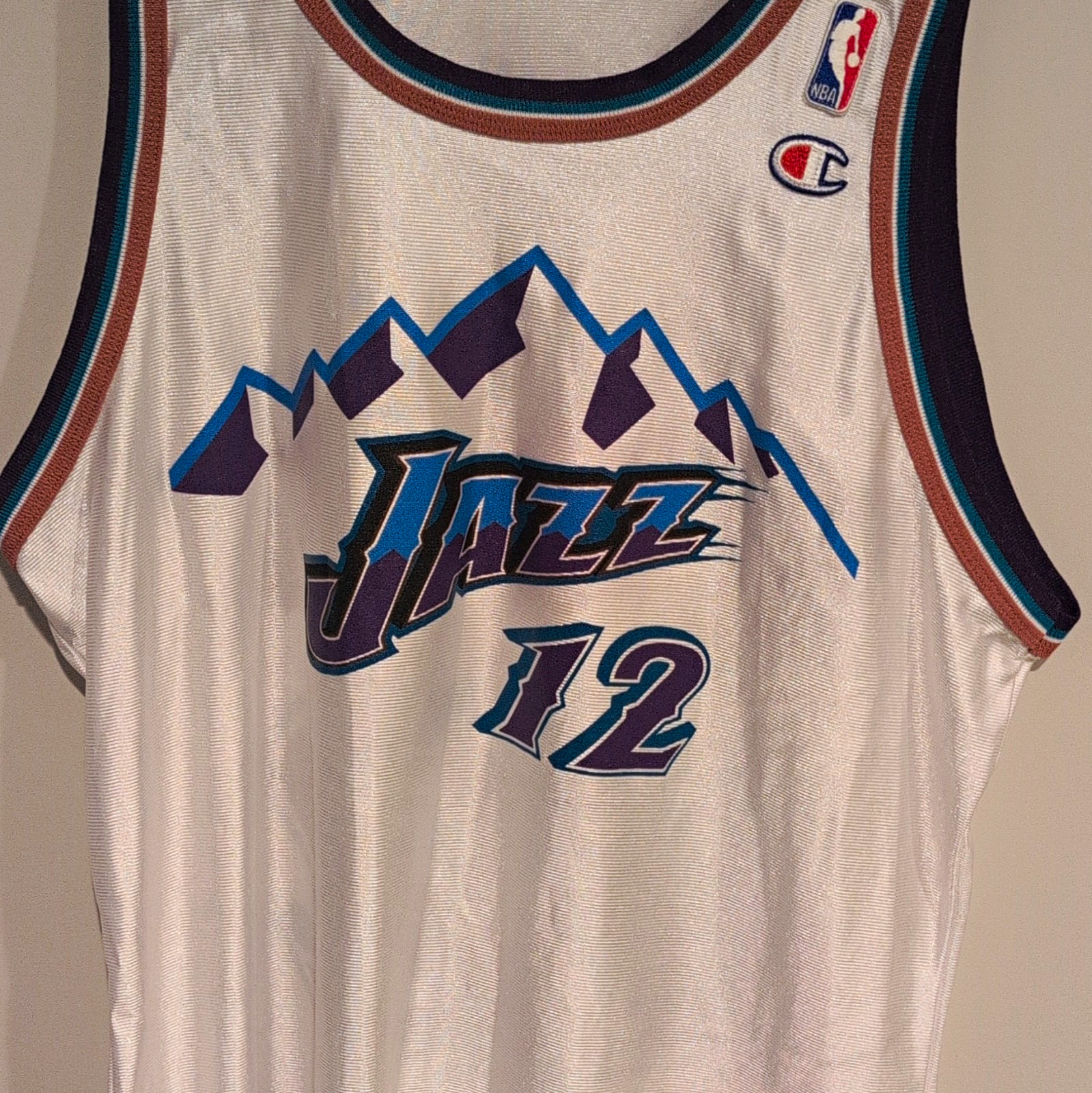 Size 48 Champion Utah Jazz John Stockton #12 NBA Jersey White Dazzle Mesh RARE
