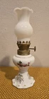 Vintage Miniature Oil Lamp Porcelain Milkglass Floral Gold Accents 7.25"T