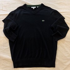 Lacoste Organic Cotton Sweater Mens XL Black V Neck Classic Fit Pullover Croc