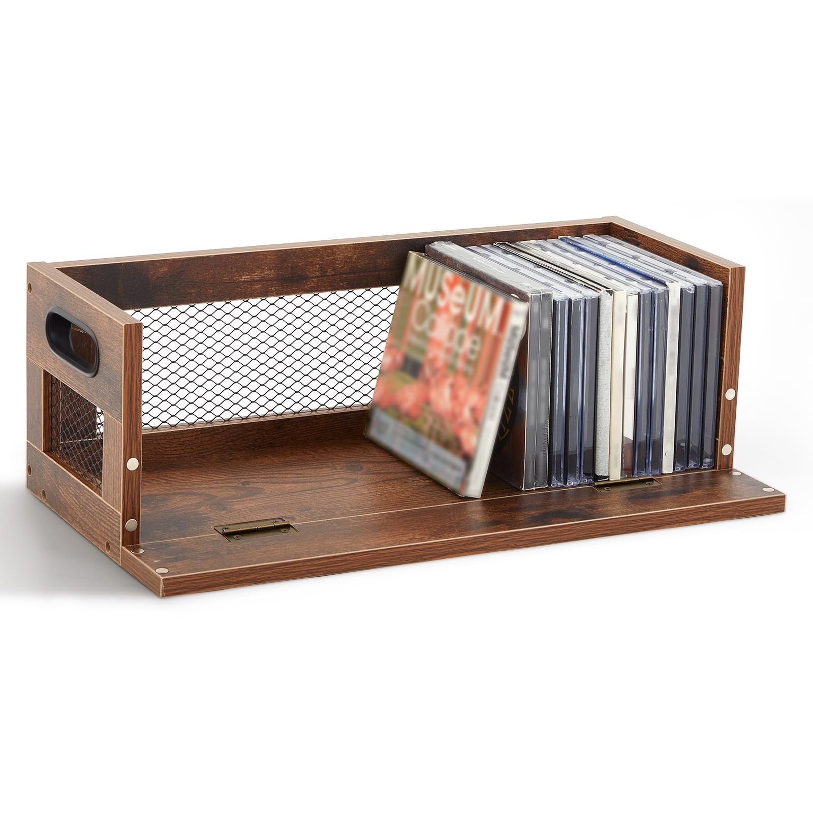 Jetec Retro CD Storage Box Metal & Wood Holder Holds 36 CDs Vintage Rack