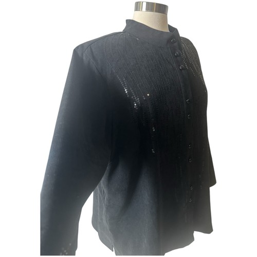 BOB MACKIE Blouse Jacket Wearable Art Womens 1X Black Shoulder Pads Sequin Suede - Picture 10 of 17