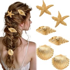 6 PCS Gold Seashell Hair Clips Metal Starfish Shell Alligator Beach Party