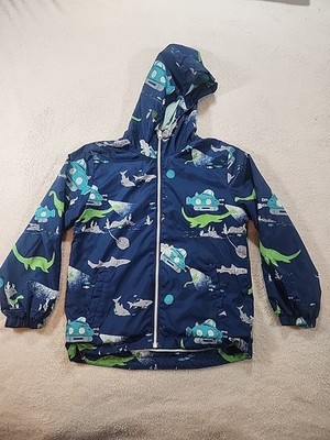 Top & Sky Kids Blue Hooded Lined Zip-Up Rain Coat, Size Large. Submarine Shark