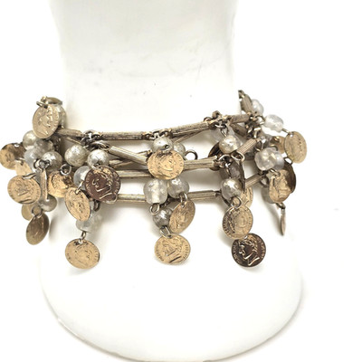 Vintage Coin Faux Pearl Cha Cha Bracelet Box Clasp Gold Tone