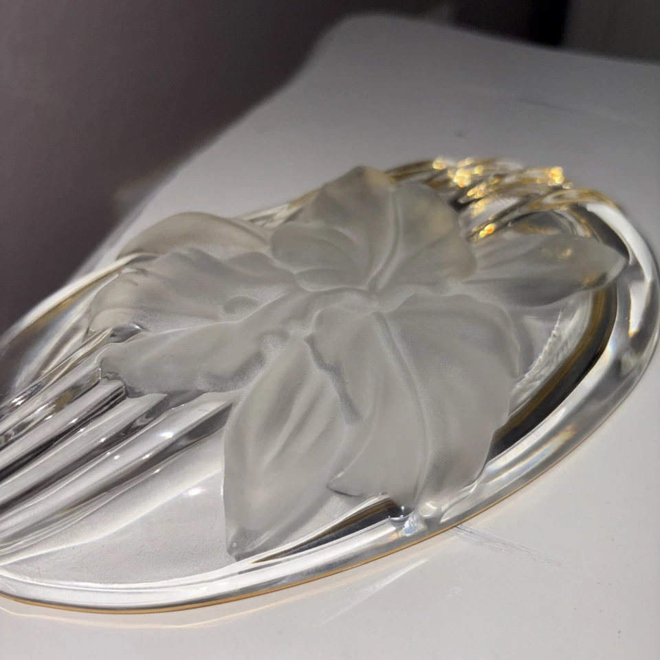 Vtg Studio Nova Crystal Frosted Orchid Flower Oval Open Candy Dish Gold Trim 7"L - Image 3 of 4